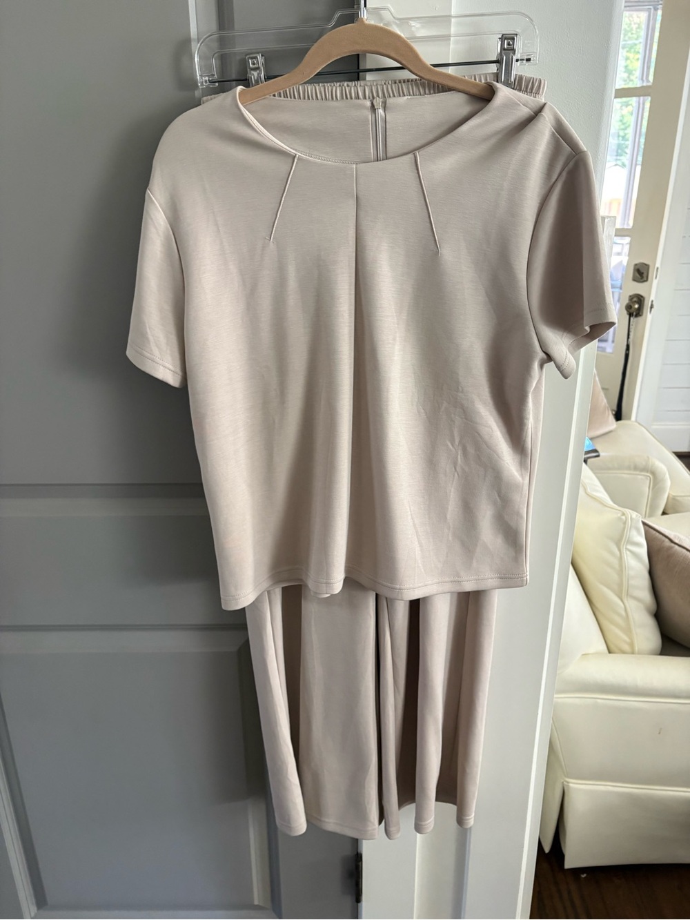 Women’s Short Sleeve Pleat Front  Shirt with matching Pants in Light Beige